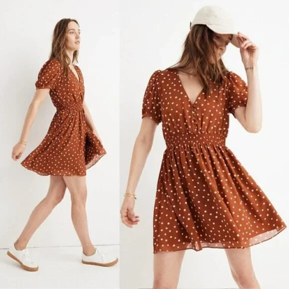 Madewell Smocked-Waist Mini Dress in Inkspot Polka Dots Size XS - Picture 1 of 12